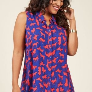 Modcloth Blue and Red HORSES Sleeveless Blouse